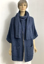 Vertigo Women's Blue Knit Open Front Cardigan w/ Scarf 3/4 Sleeve Pocket NWT