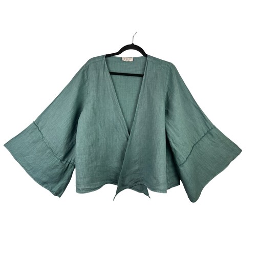 Deum Blue Green Linen Open Front Kimono Wrap OS Bell Sleeve Made in Greece