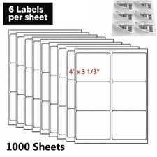 1000 arkuszy 3 1/3" x 4" Puste etykiety wysyłkowe 6-up Laser Inkjet Samoprzylepne US