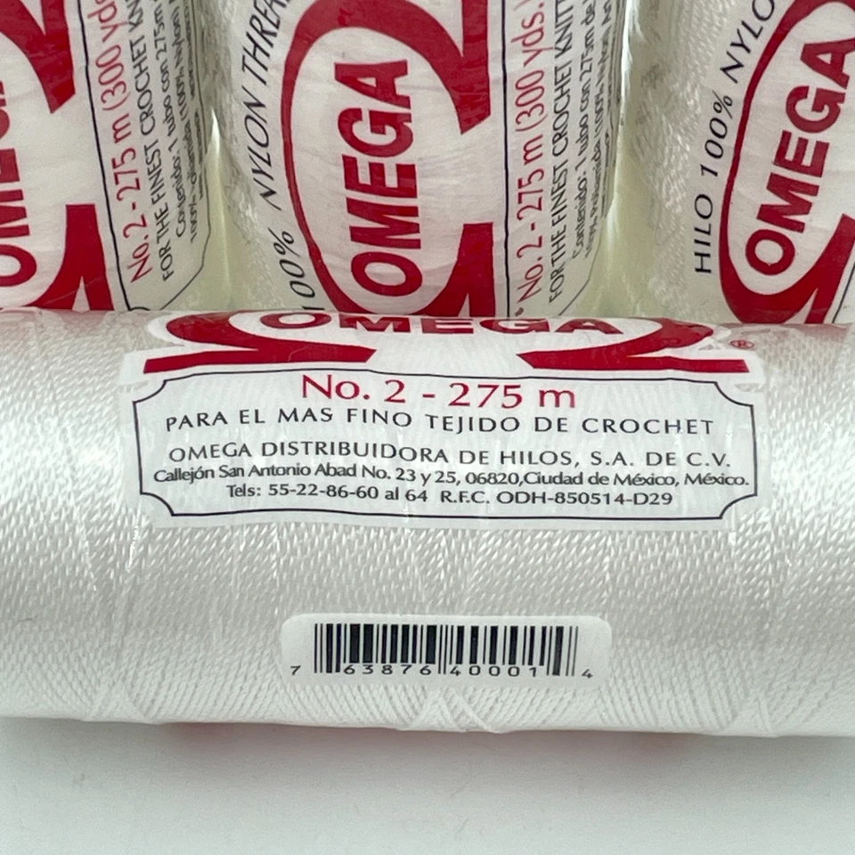OMEGA Nylon Hilo de Ganchillo Nº 2 Blanco 275m 4 Carretes Fuerte Duradero México NUEVO Foto 3 de 3