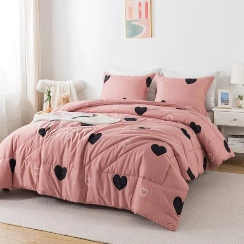  Conjunto de edredón con patrón de corazón para niñas talla lindo amor sexy rosa pálido completo Foto 2 de 4