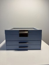 SONGMICS 3-Tier Jewelry Organizer Blue Box with Glass Lid Metal Clasp