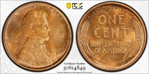 1909-S VDB 1c Lincoln Cent Penny PCGS MS62 BN  Classic Key Date FREE SHIPPING190