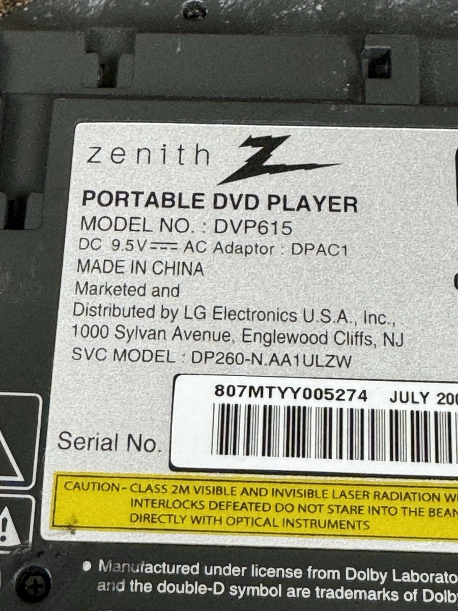 Zenith DVP615 Portable DVD/CD Player w Wall Adapter Swivel Battery