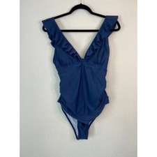 Cupshe women's XL blue plunge neck one piece swimsuit tie back ruffles