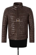 Men's Sports Fashion Quilted Padded Puffy Lambskin Leather Casual Biker Jacket