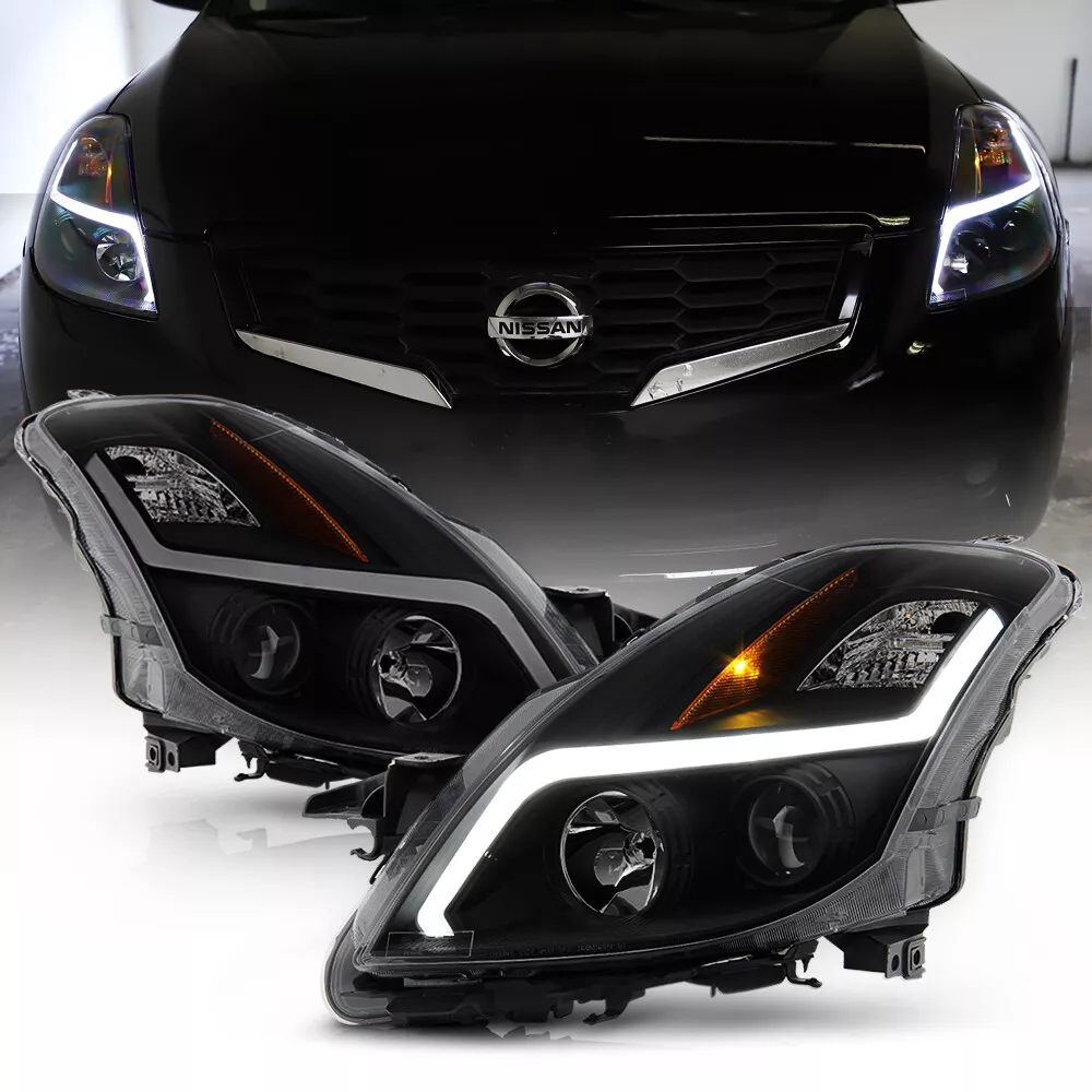 For 08 09 Nissan Altima Coupe Halogen BLACK SMOKE LED Tube Lights Head Lamps
