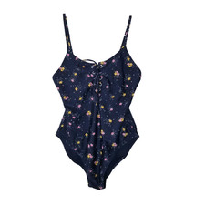 Old Navy One Piece Swimsuit Women Large Black Yellow Floral Lace Up Caged