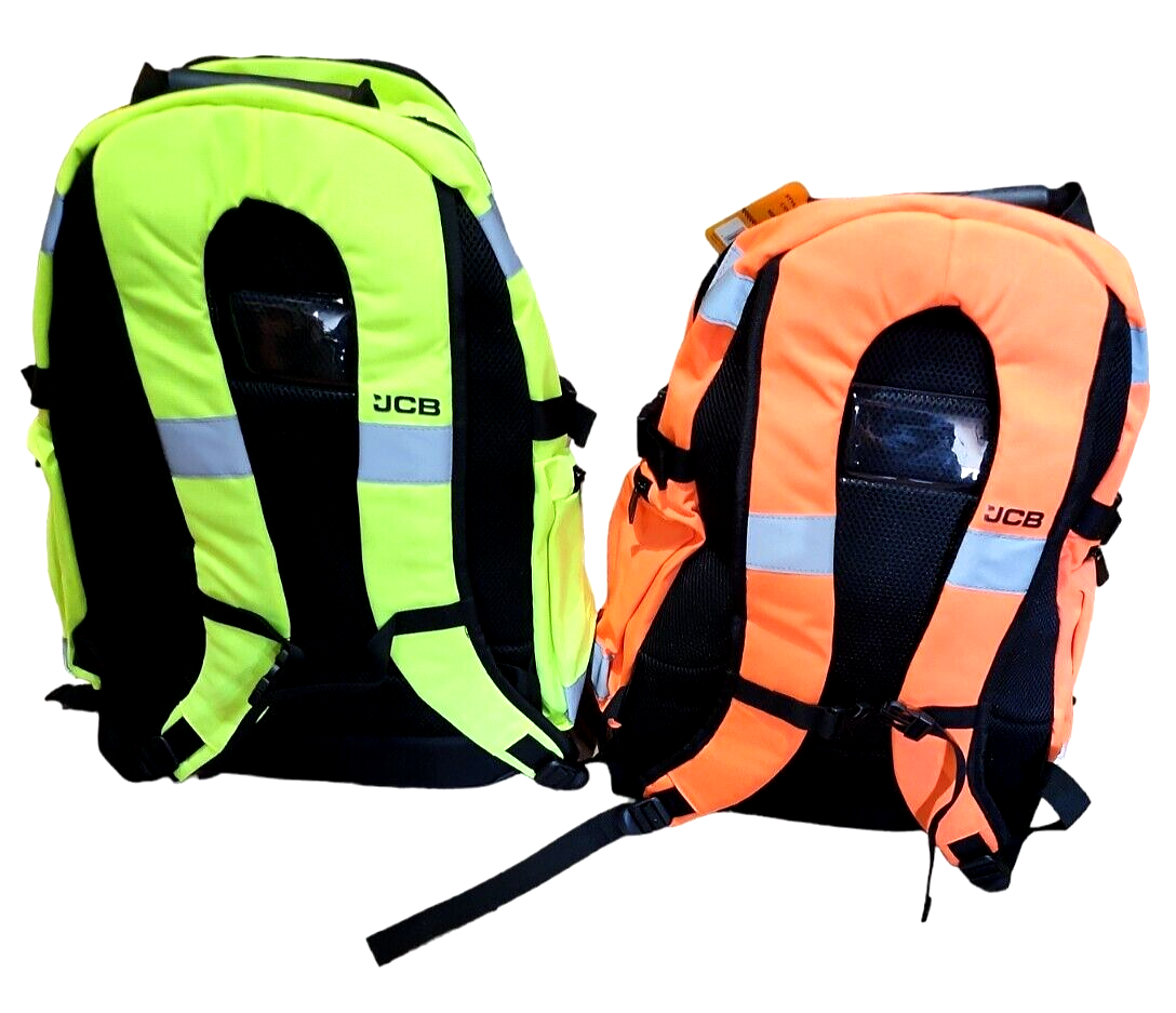 Men's Unisex JCB Hi Vis Safety Work Backpack Orange Yellow H48cm W33cm D19cm