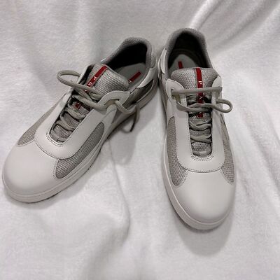 PRADA White and Silver Leather Americas Cup Sneaker Size 12 4E1366