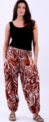 Made In Italy Ladies Abstract  Print Smocked Waist Harem Trouser Pant 1Size8-16