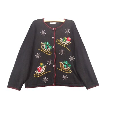 B.P. Design Womens Christmas Holiday Knit Cardigan Sweater Long Sleeve Black 2XL