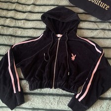 Playboy Black Velour Cropped Full Zip Hoodie Pink Stripes Logo Bunny Sz S