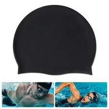 Men Women Silicone Swimming Cap Solid Color Long Hair Swim poor for Adult-black