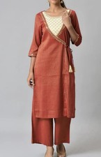 Red zari Embroidered kurta and straight palazzo front and side Slit With Tessels
