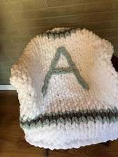 Personalized Handcrafted Chunky Knit Baby Blanket White With Aqua And Taupe