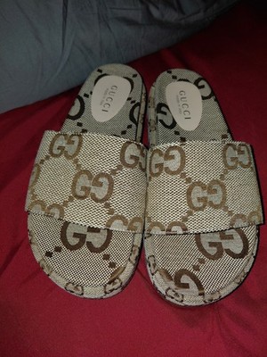 Gucci GG Logo Platform Slide Sandals Beige Brown Fabric Comfort Women
