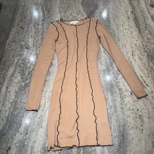 No Comment Small Ribbed Bodycon Mini Dress Beige Black Long Sleeve Party Y2K
