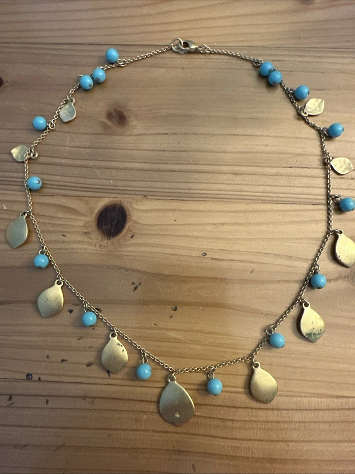 Boho Gold Tone Necklace Hammered Petal Charms & Turquoise Beads Artisan Style - Image 2 of 4