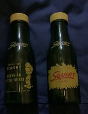 Vintage Squirt Glass Bottle SALT & PEPPER Shakers Plastic Tops Green Glass