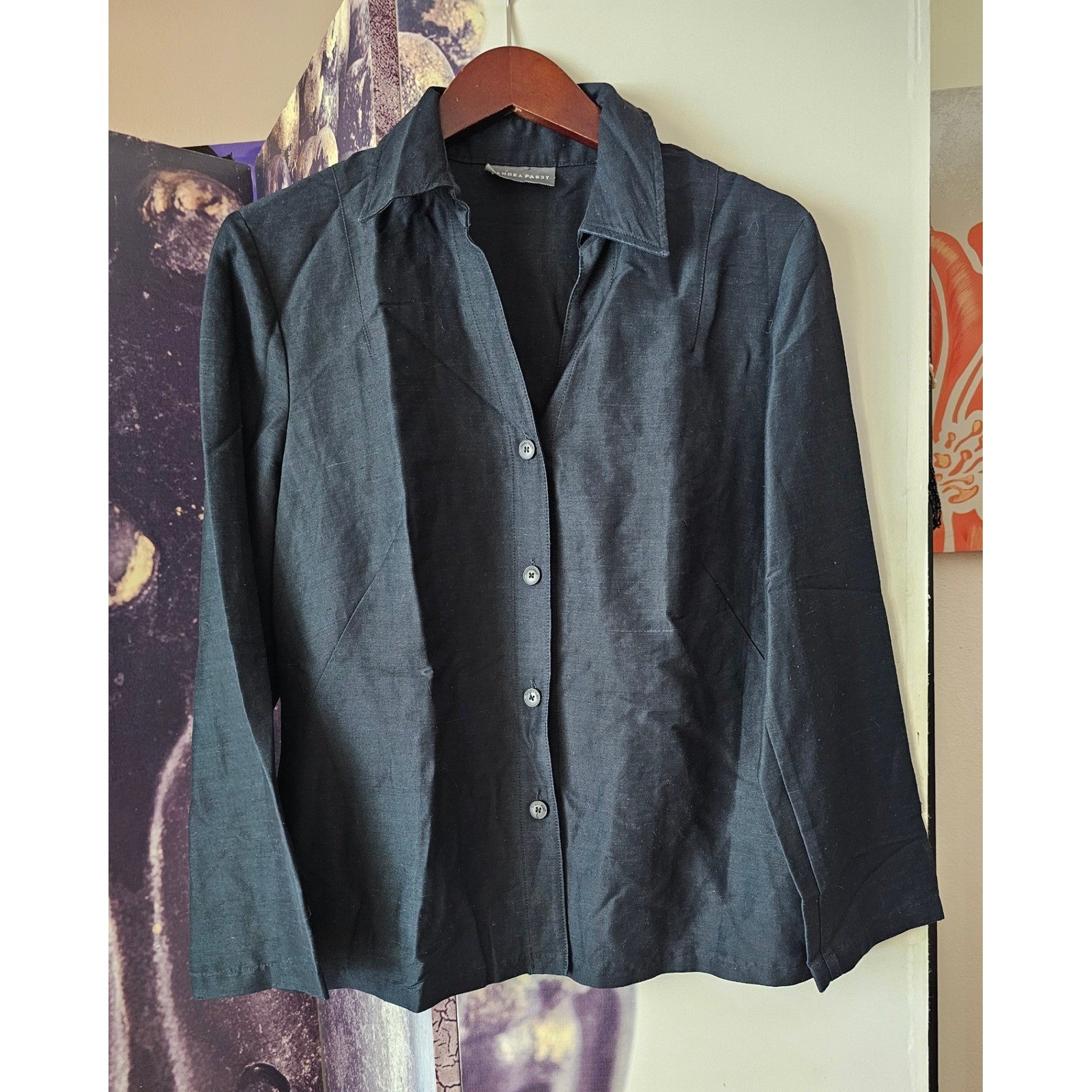 SANDRA PABST Black Collared Button Front Long Sle… - image 2