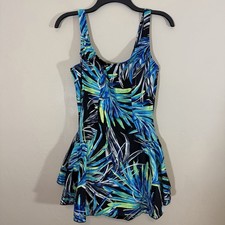Azul by Maxine of Hollywood One Piece Swimsuit Swim Dress 14 Tropical Print
