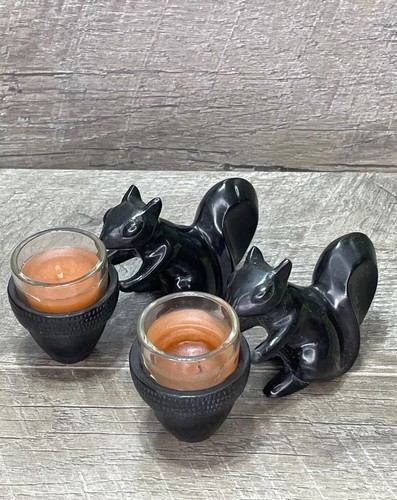 Crate & Barrel Matte Black Metal Squirrel with Acorn Votive Candle Holders Pair