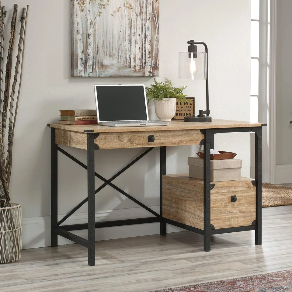 Sauder Steel Metal & Wood Pedestal Desk with Storage Drawers & Open Shelf Desk - Image 2 of 4