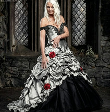 Silver Black Gothic Victorian Wedding Dresses Floral Off Shoulder Corset