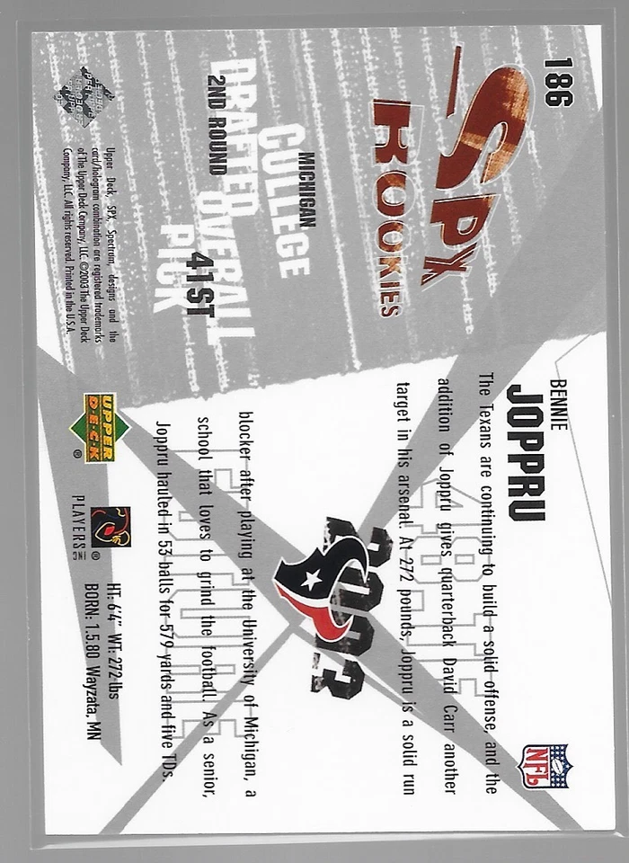 Bennie Joppru Houston Texans 2003 SPx Rookie Upper Deck #186 #817/1500 - Image 2 of 2