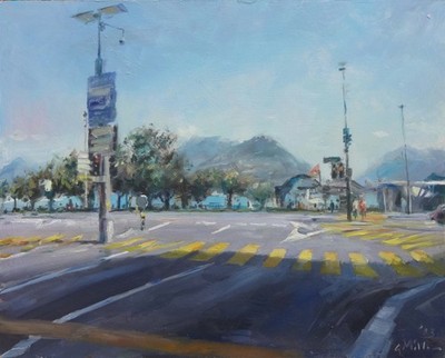 GERRY MILLER-Oil Painting on panel.To the Promenade, Lugano.50 x 40 cm.