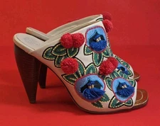 $400 TORY BURCH ELLIS Embroidered Leather Mule SLIDE Beige LEATHER 8.5 Worn Once