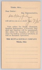 RUPP & EOWMAN COMPANY, POSTAL CARD FOR SURGICAL SUPPLY & DRUGS ORDER TOLEDO OHIO