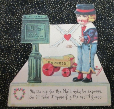 Vintage Unsigned VALENTINE Card BOY CAST IRON U.S. MAIL BOX WOODEN EXPRESS WAGON