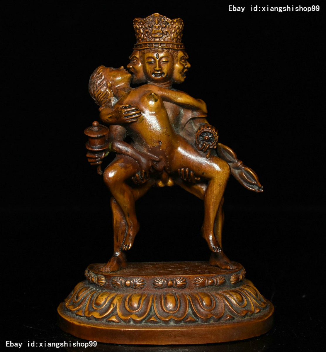 Old Tibetan Buddhism Temple Boxwood Wood Carved Mandkesvara Happy