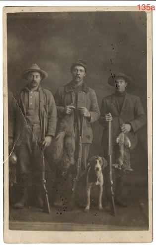 135:: RPPC Postcard: 3 Hunters with Hound Dog: Rabbits, Gray Fox