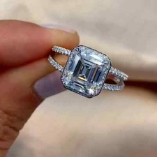 Asscher Moissanite Halo Set Double Band Engagement Ring  14K White Gold Plated