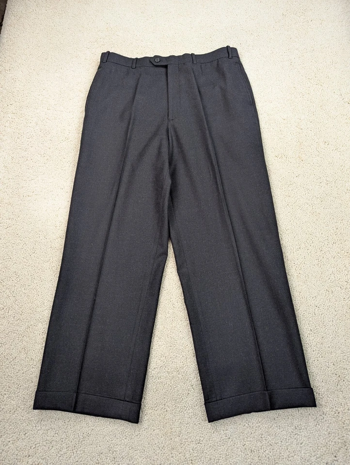 Pantalones de franela de lana para hombre 33x27 gris pierna recta puños anchos frente plano vintage Foto 2 de 4