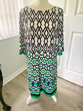 Stunning Eliza. J White dress with blue/green and black diamond pattern
