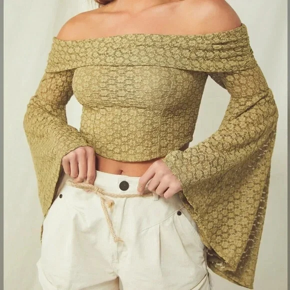 Blusa Free People de renda manga sino cropped boêmia fada lola tamanho pequeno pó dourado