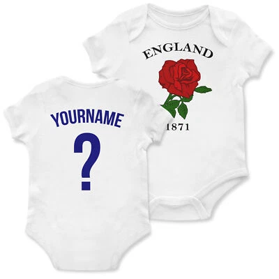 THE CLOTHING SHED Personalised 1871 England Badge Babygrow Rose Name and Number Rugby Baby foot...