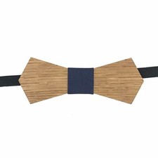 Noeud Papillon Bois "Pointu" - chêne massif et tissu bleu marine