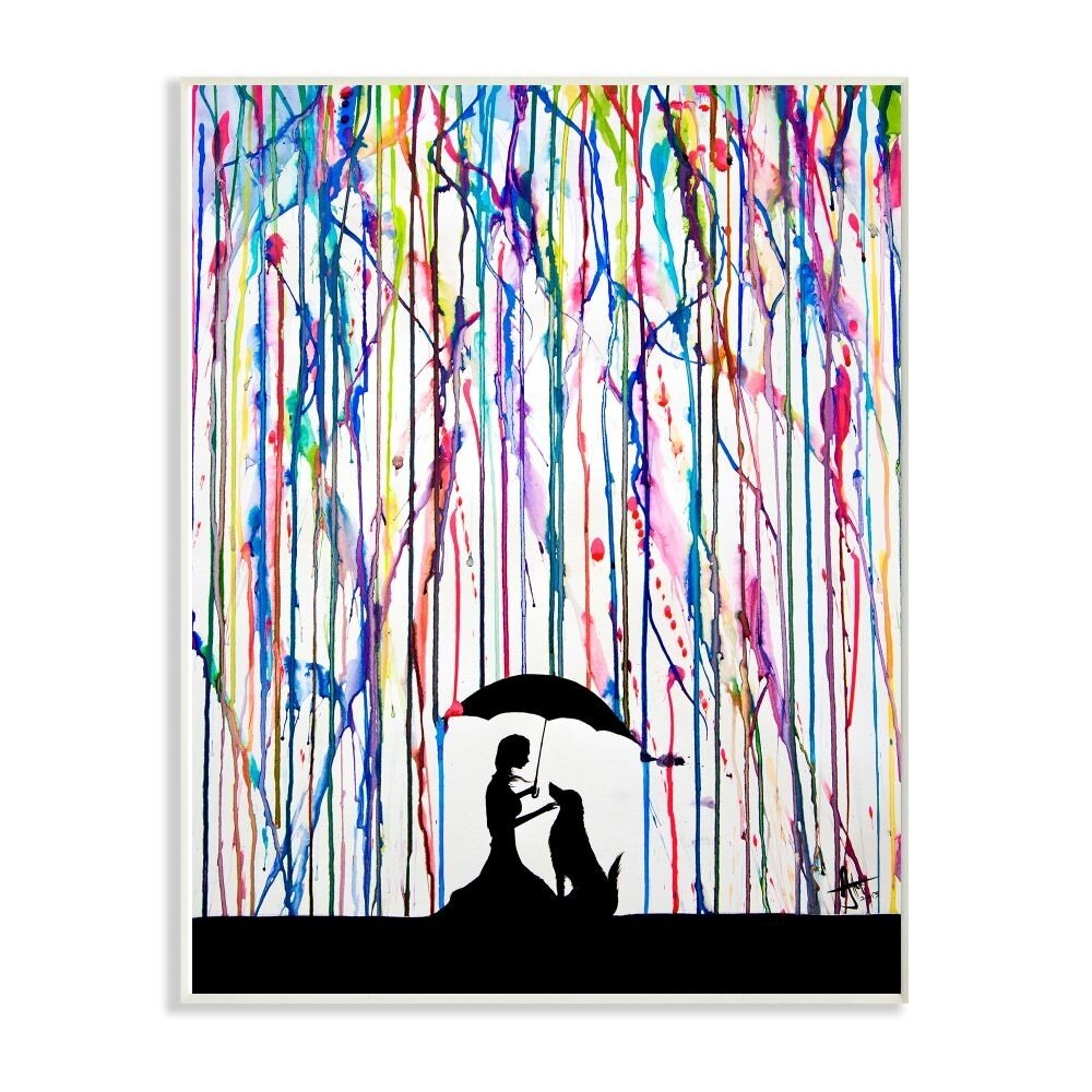 Stupell Wood Wall Art with Rainbow Raindrops and Umbrella Dog Silhouette