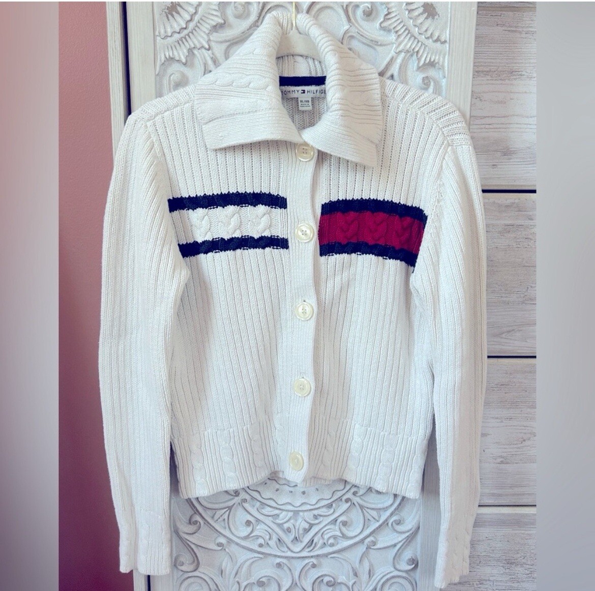 90s Tommy Hilfiger Red White Blue Cable Knit Sweater XL