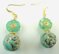 Turquoise Flower Czech Dangle Earrings  Etched Beads Handmade Jewelry