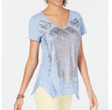 Style & Co Womens S Blue Foils Gold Graphic Short Sleeve VNeck TShirt Top NWT