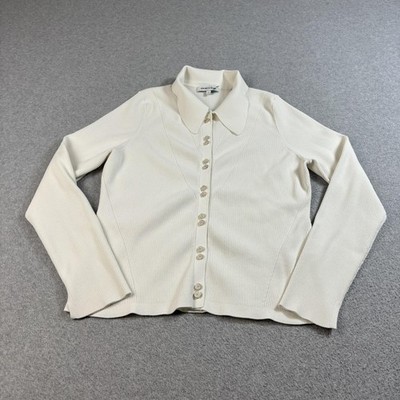 Veronica Beard Shirt Womens XL White Ribbed Button Front Collared Stretch Office