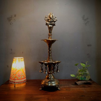 Indian Brass Oil Lamp with Ganesha Figurine   Multi-Tier Dismantlable Deepam