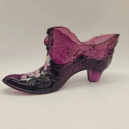 Fenton Purple Amethyst Glass Shoe Slipper Cabbage Rose Grapes Signed D. Gessel
