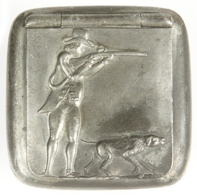 Antique English Pewter Snuff Box Hunter Dog Flintlock Gun W & Co. Sharrow Silver